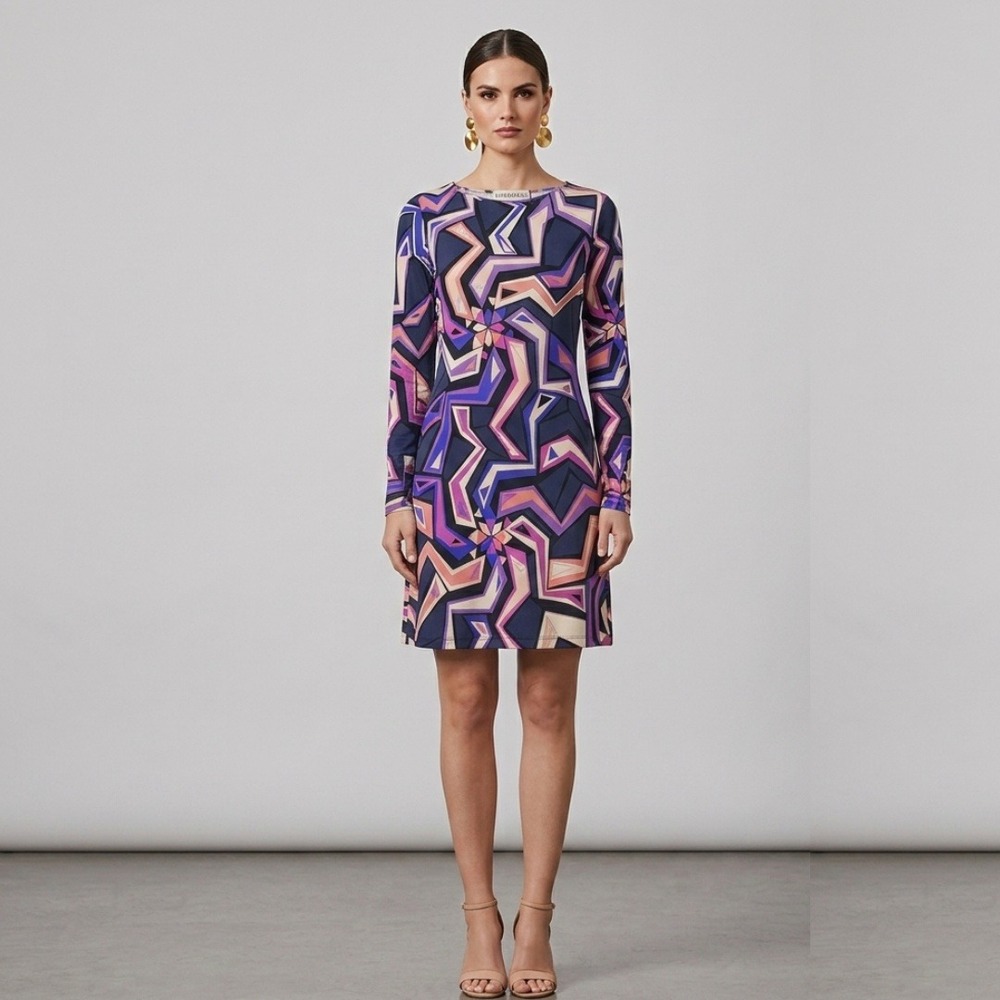 Emilio Pucci Dress Long Sleeve Geometric Print Shift Dress Purple Navy Size 10